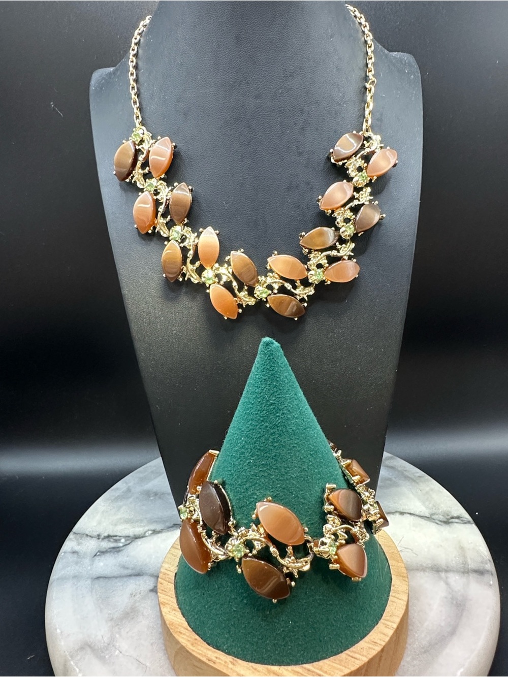 Mid Century Thermoset Uranium Glass Rhinestones Necklace & Bracelet - Picture 5 of 14